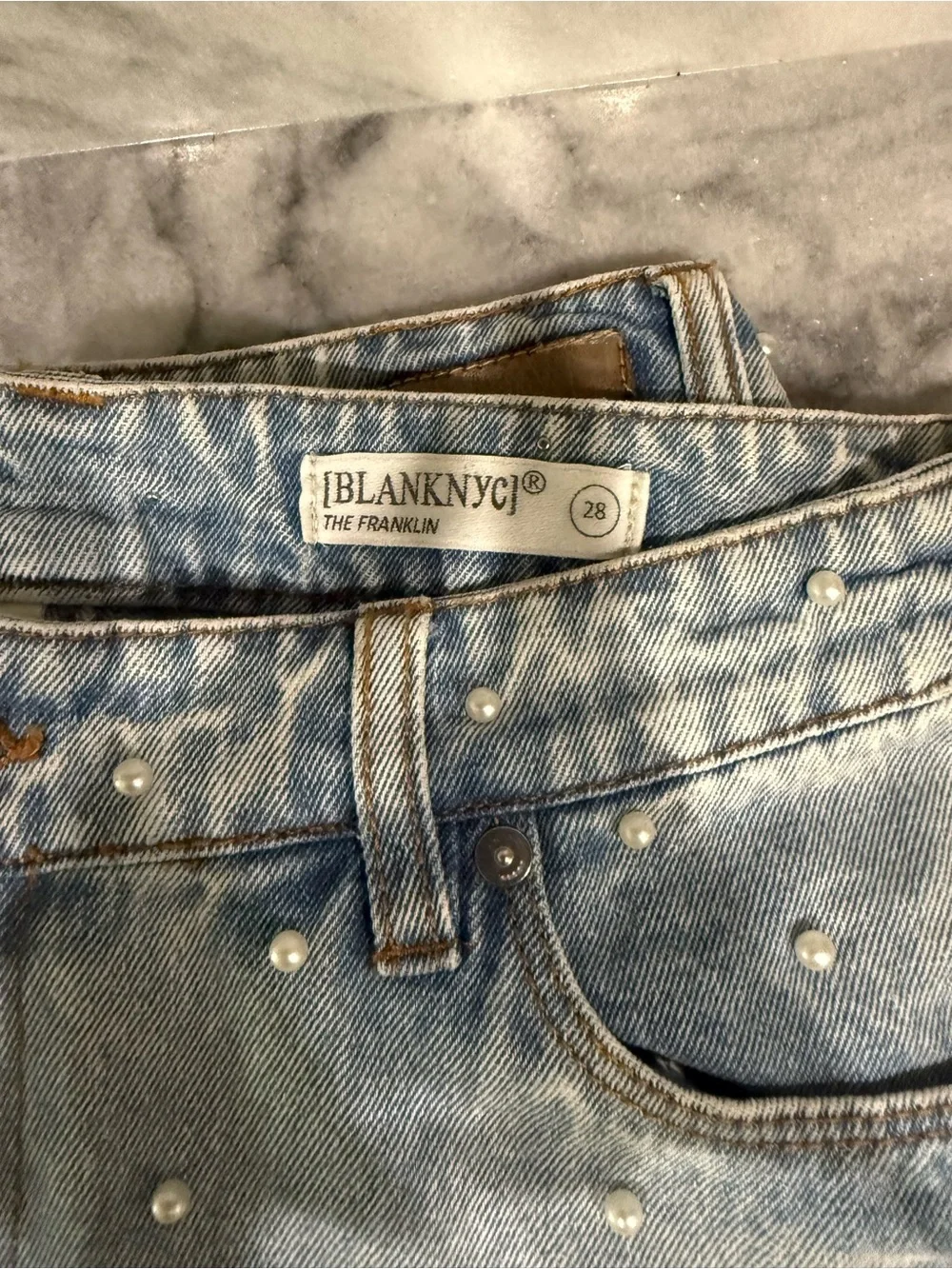 Blank NYC Light Blue Pearl-Studded Wide Leg Jeans